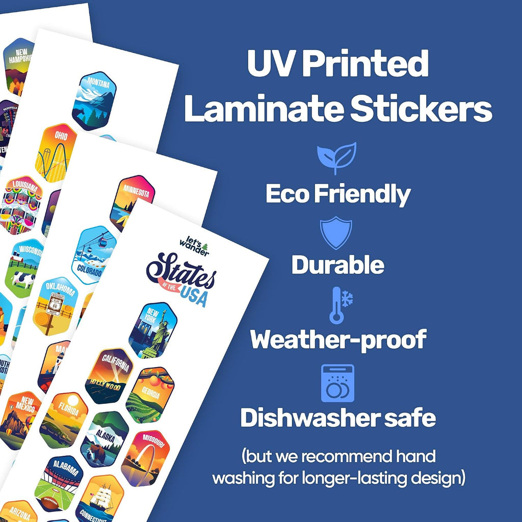 LET'S WANDER Lets Wander 50 States Water Bottle with Waterproof Stickers - 32oz Leakproof Insulated Stainless Steel with Straw - States of the USA Gift Bottle (White)