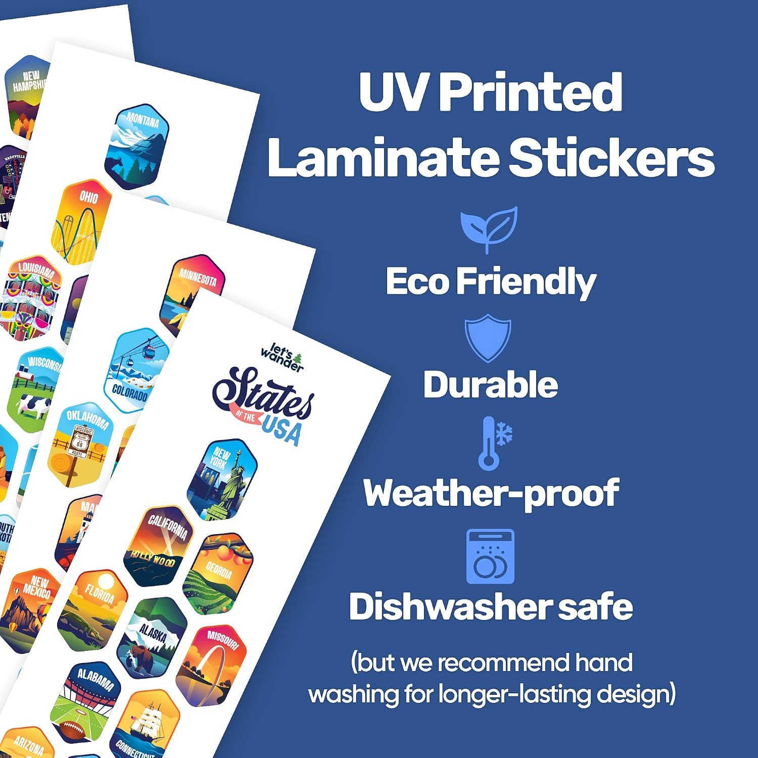 LET'S WANDER Lets Wander 50 States Water Bottle with Waterproof Stickers - 32oz Leakproof Insulated Stainless Steel with Straw - States of the USA Gift Bottle (White)