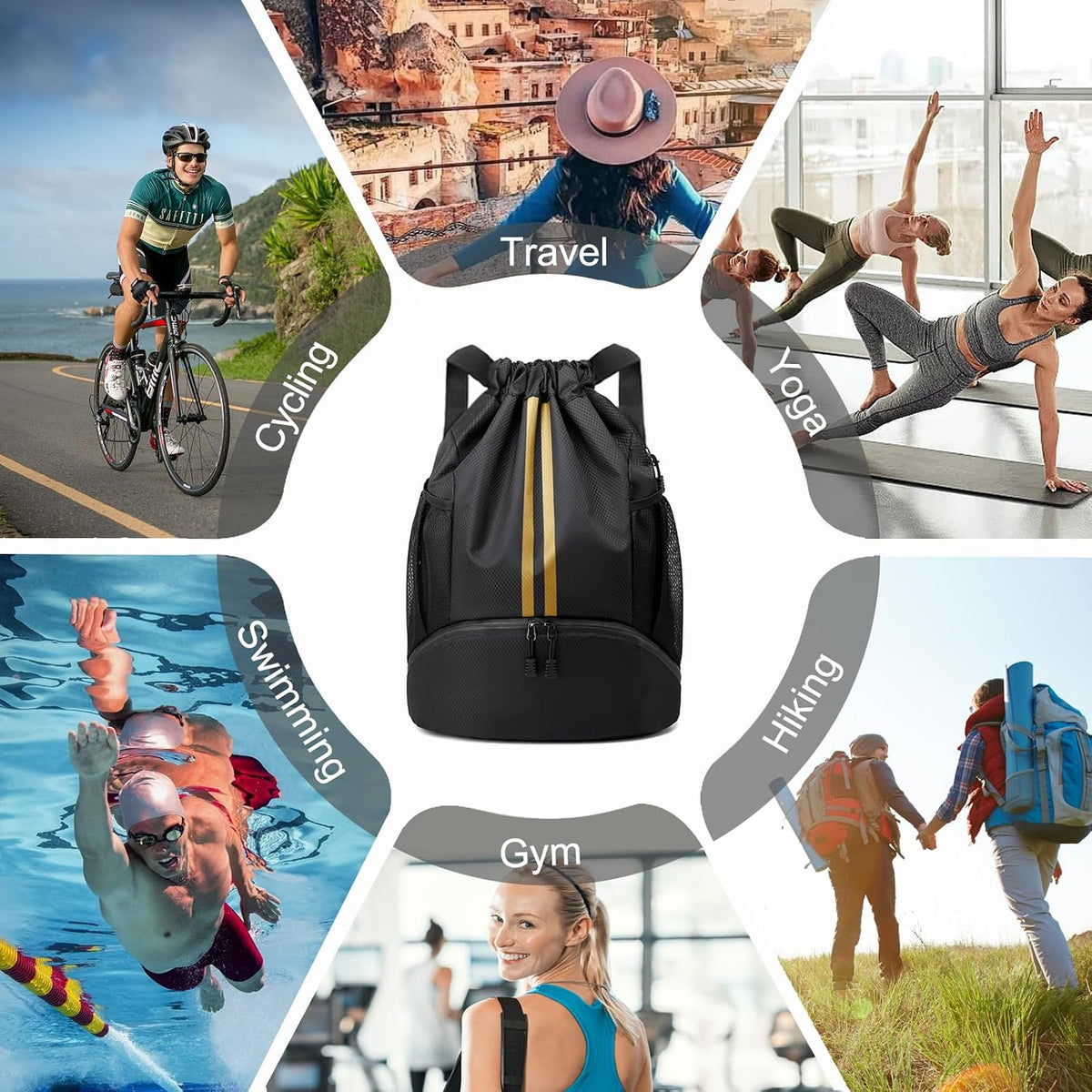 Hoedia Sports Drawstring Backpack - Swim Gym Bag for Women and Men