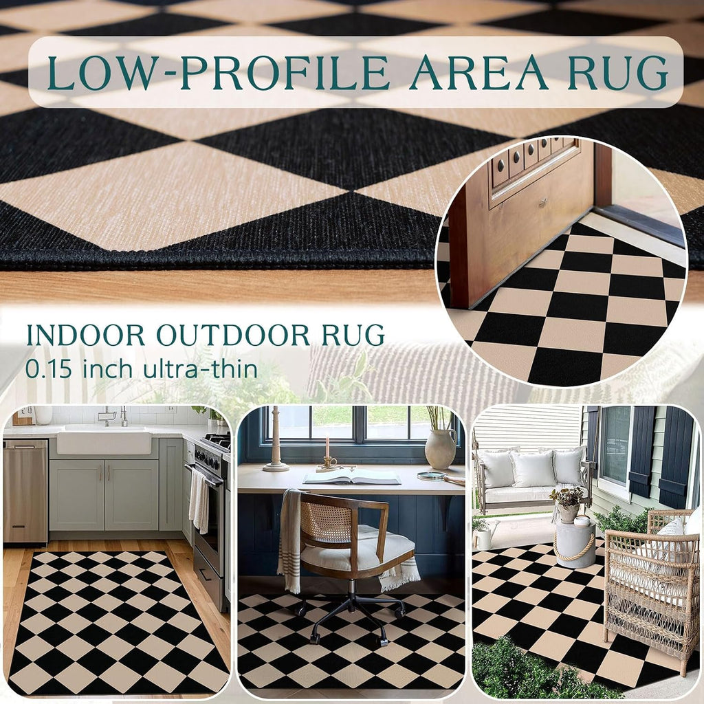 Black Tan Checkered Entry Rug - 3x5 Non-Slip Indoor Outdoor Rugs