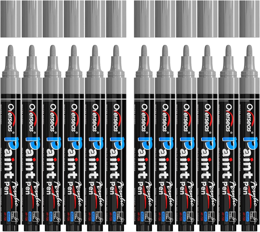 Overseas 12 Pack Silver Acrylic Paint Pens Permanent Markers, Medium Tip