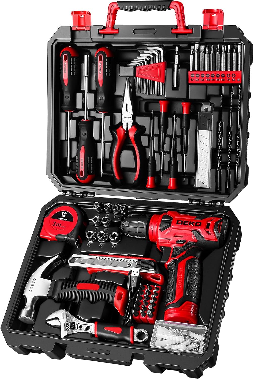 DEKOPRO Tool Set: Tool Kit with 8V Cordless Drill, Hand Toolbox with storage case, Tool set for Home Repairs 126 Piece, Purple