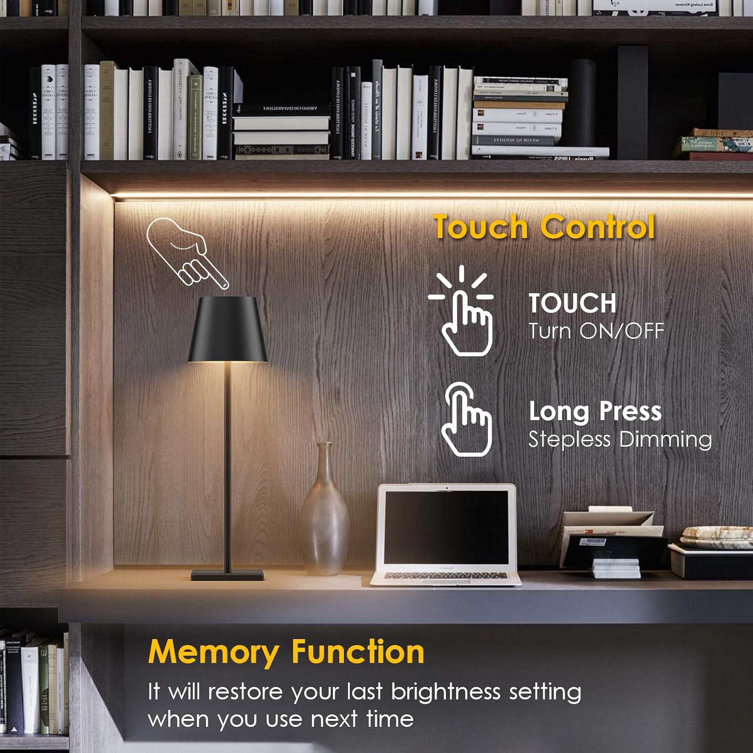 Black Cordless Table Lamp, 5000mAh Portable LED Rechargeable Lamp