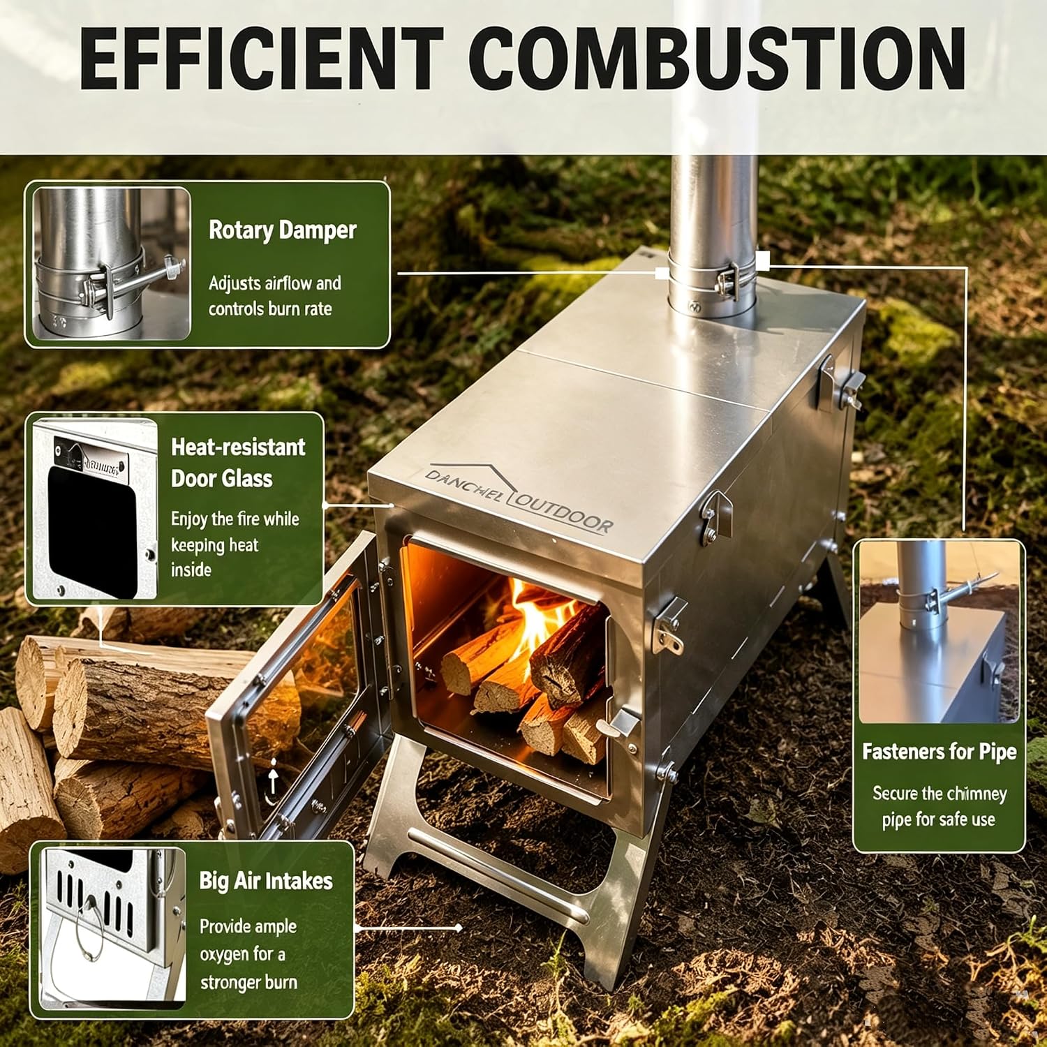 DANCHEL OUTDOOR T6 Ultralight Titanium Wood Stove with 7.2ft Chimney Pipe
