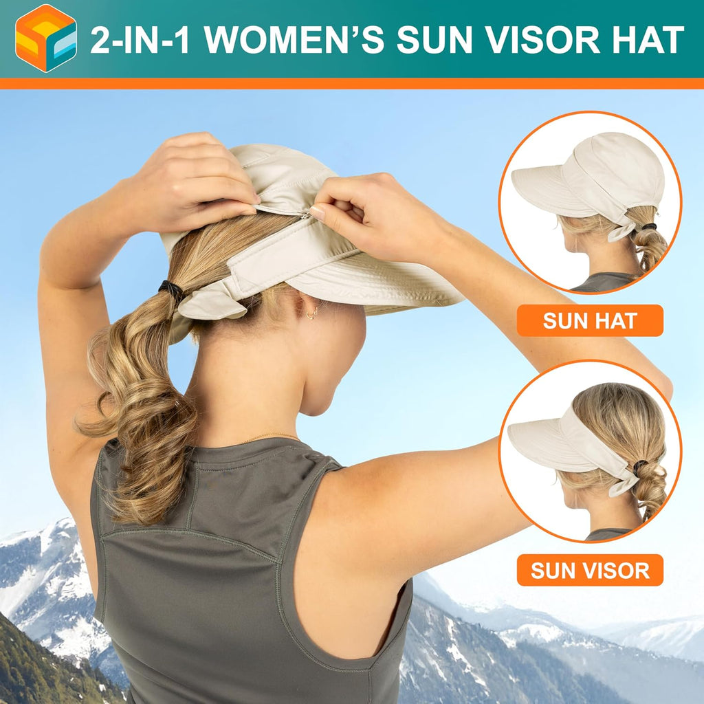 SUN CUBE Womens Sun Hat UV Protection Wide Brim Zip-Off Golf Visor