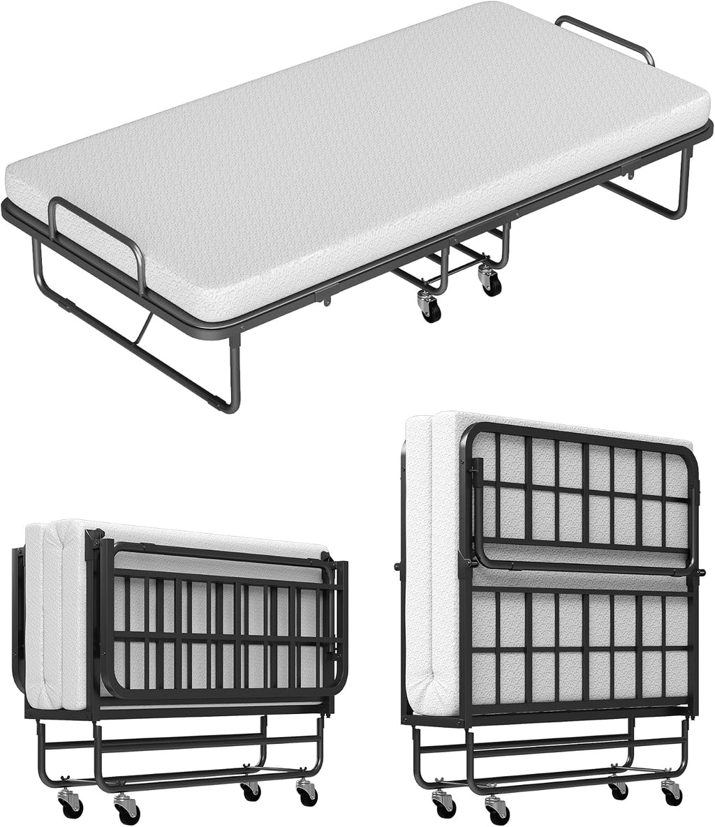 Folding Bed with Mattress Twin, Heavy Duty Steel Slat Frame, Portable Rollaway Bed with Firm Foam Mattress, Easy Assembly, Ideal for Guests & Camping, White