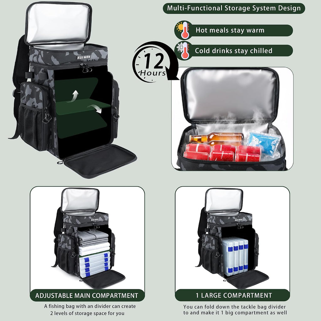 Fishing Backpack with Cooler & 4 Rod Holder, Large 45L Tackle Bag Store Fishing Gear Boxes Gifts for Men Woman-Camo Black Back Pack