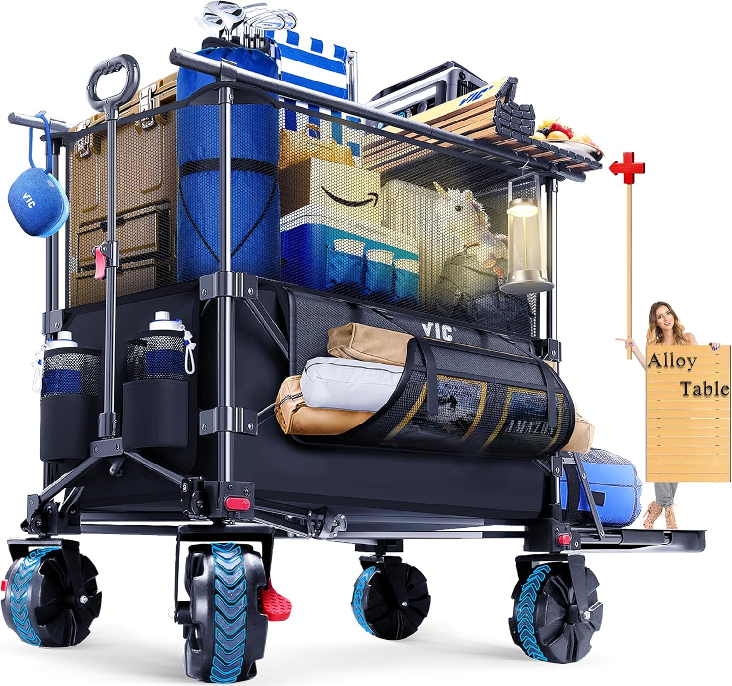 VIC 680lbs Super Cart & Table 1=5 Set, 480L Mega Capacity 54" Extra Long Extra high Folding Wagon, Heavy Duty Collapsible Carts with Brakes, All-Terrain Big Wheels for Camping, Store, Shopping