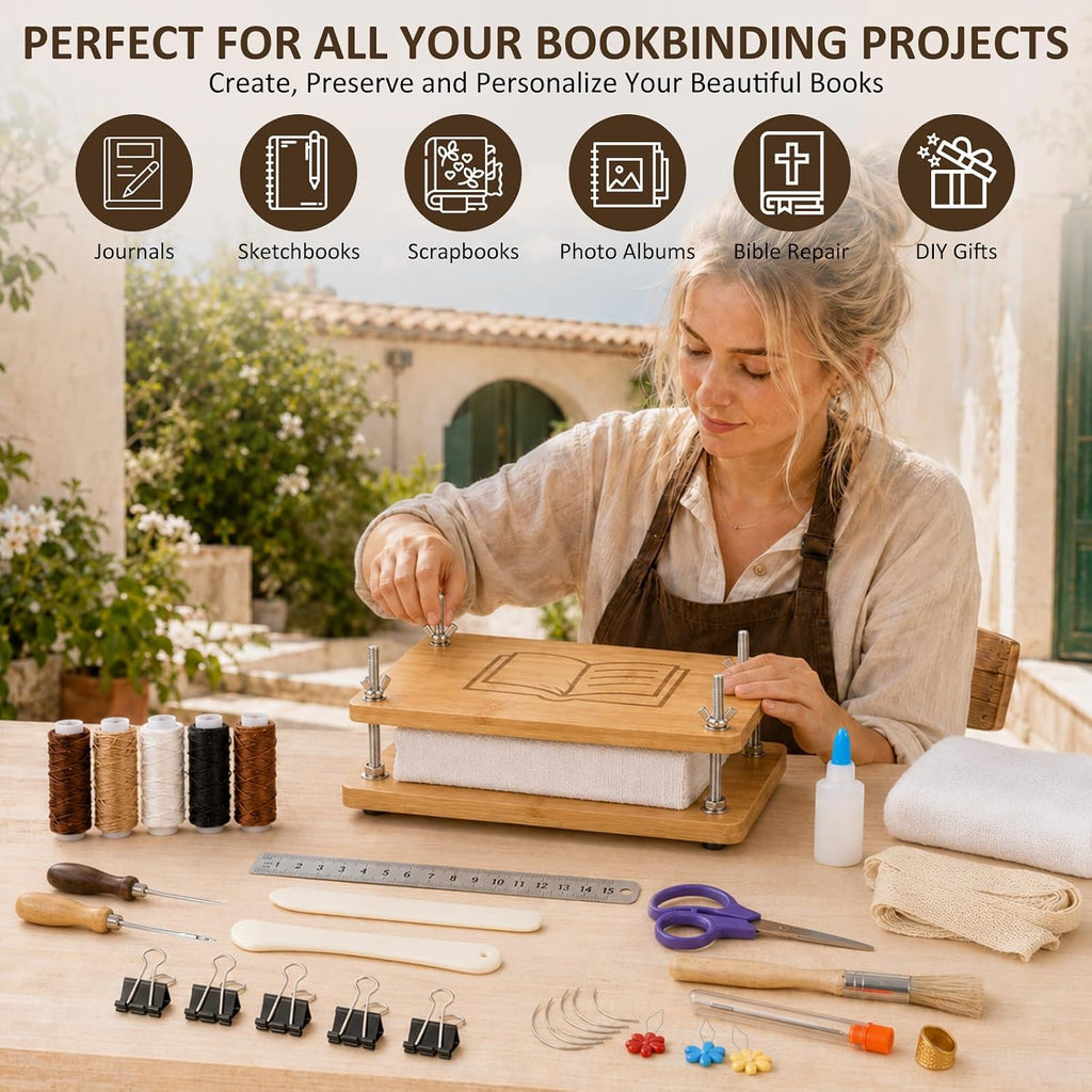MeRGBWLife Book Binding Kit with Book Press, Complete Bookbinding Tools Set for DIY Book Repair, Journal Making & Crafts, Portable Easy Assembly (7.9" x 11.6")