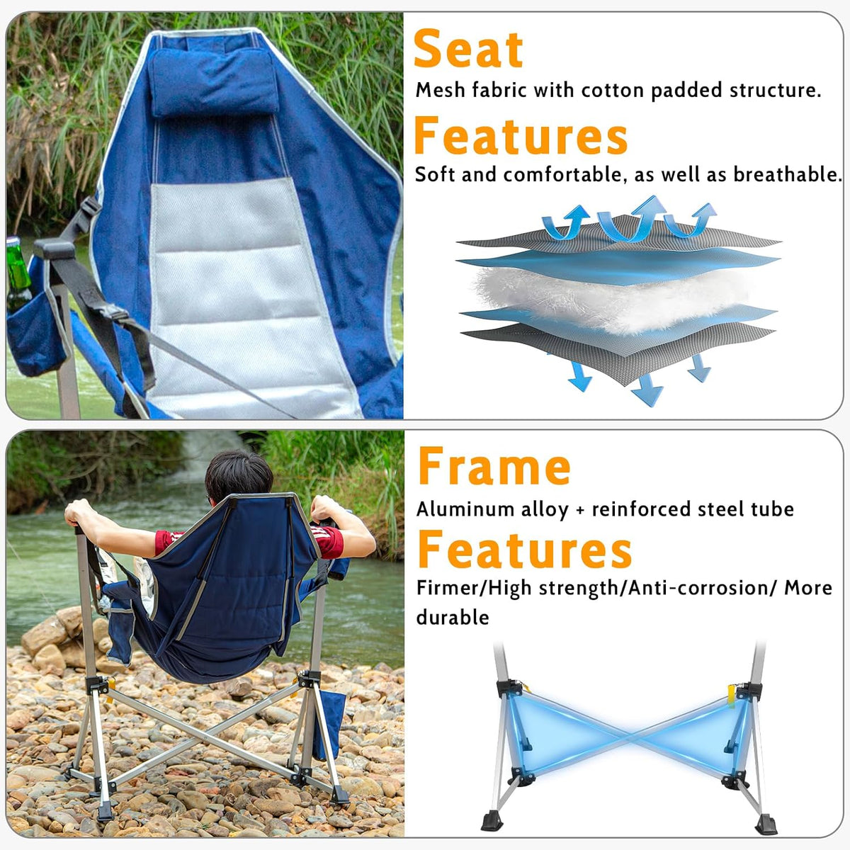 Romswi 2-Pack Aluminum Hammock Chair with Footrest, Oversized Portable Folding Swinging Chair with Adjustable Back & Seat, Lightweight Rocking Camp Chair Supports 440lbs for Outdoor, Patio - Blue
