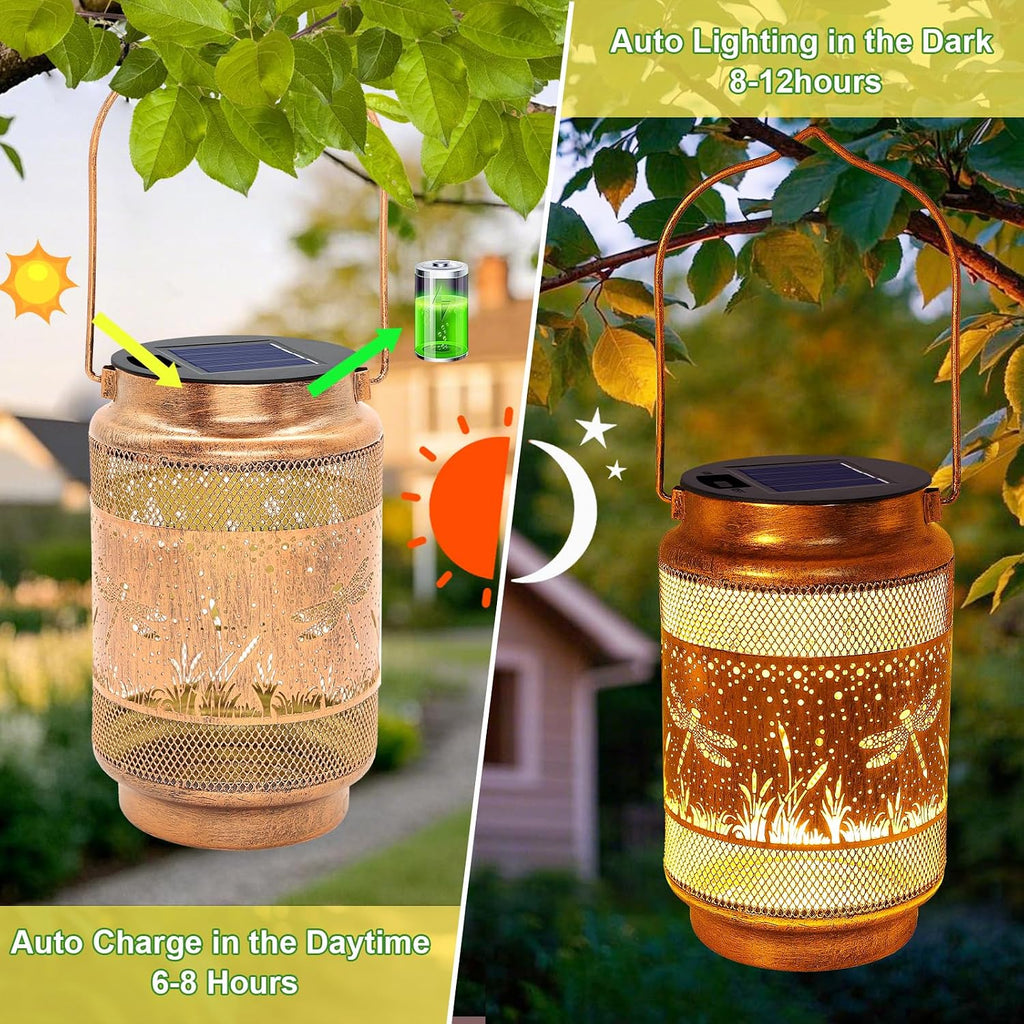 2 Pack Dragonfly Solar Lanterns Outdoor Waterproof Solar Garden Decor, Birthday Gifts for Women Mom Grandma, Metal Hanging Lights with Shepherd Hook for Outside Yard Patio Pathway Porch