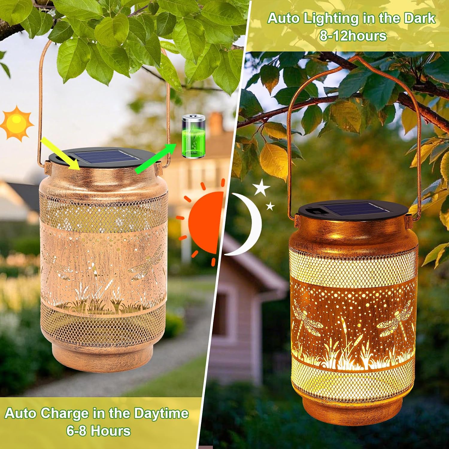 2 Pack Dragonfly Solar Lanterns Outdoor Waterproof Solar Garden Decor, Birthday Gifts for Women Mom Grandma, Metal Hanging Lights with Shepherd Hook for Outside Yard Patio Pathway Porch