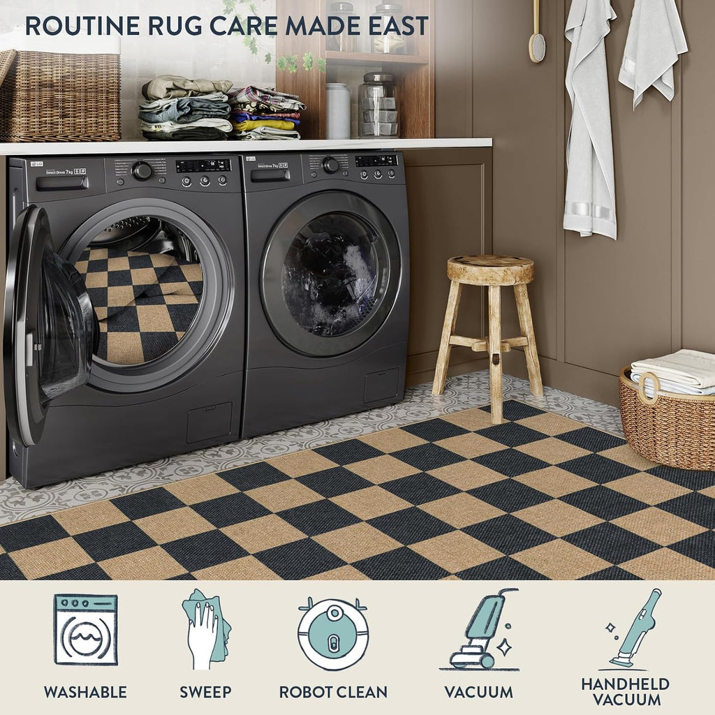 Lahome Checkered Easy Jute 5x7 Outdoor Patio Rug, Area Rugs Washable Black