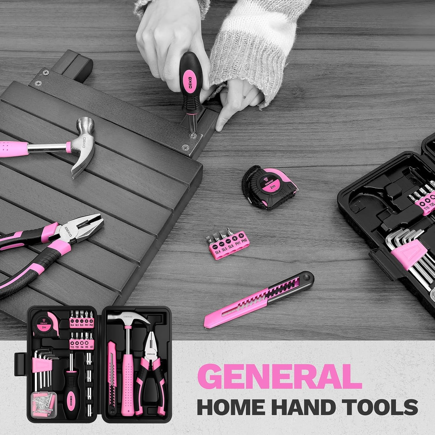 DEKOPRO 94 Piece Pink Tool Set, Household DIY Tool Kit for Women with Storage Toolbox, Small Basic Hand Tool Box Set for Home Repair, DIY, Apartment, Office