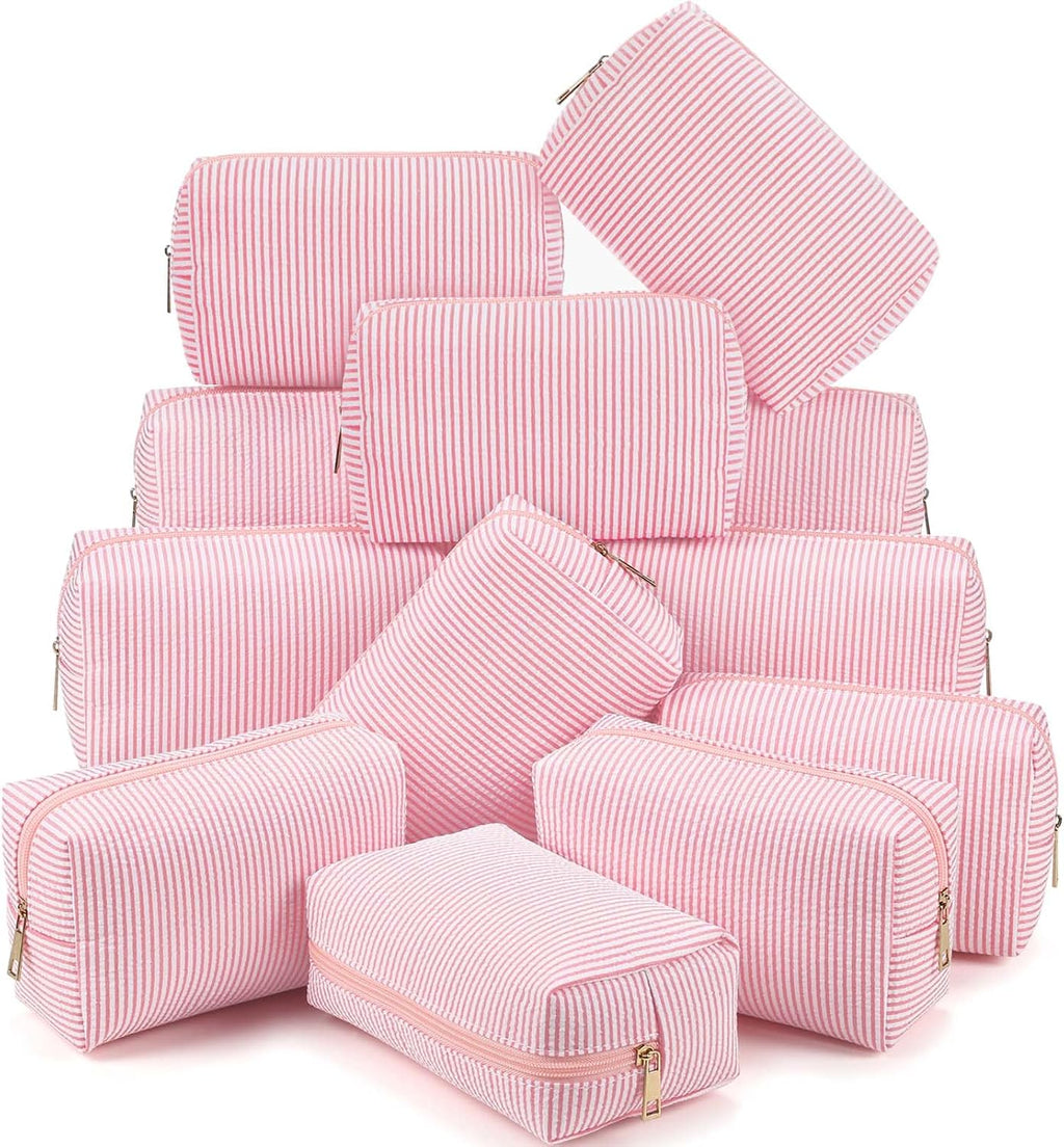 Sanwuta 6 Pcs Seersucker Cosmetic Bags Bulk, Striped Zippered,Green