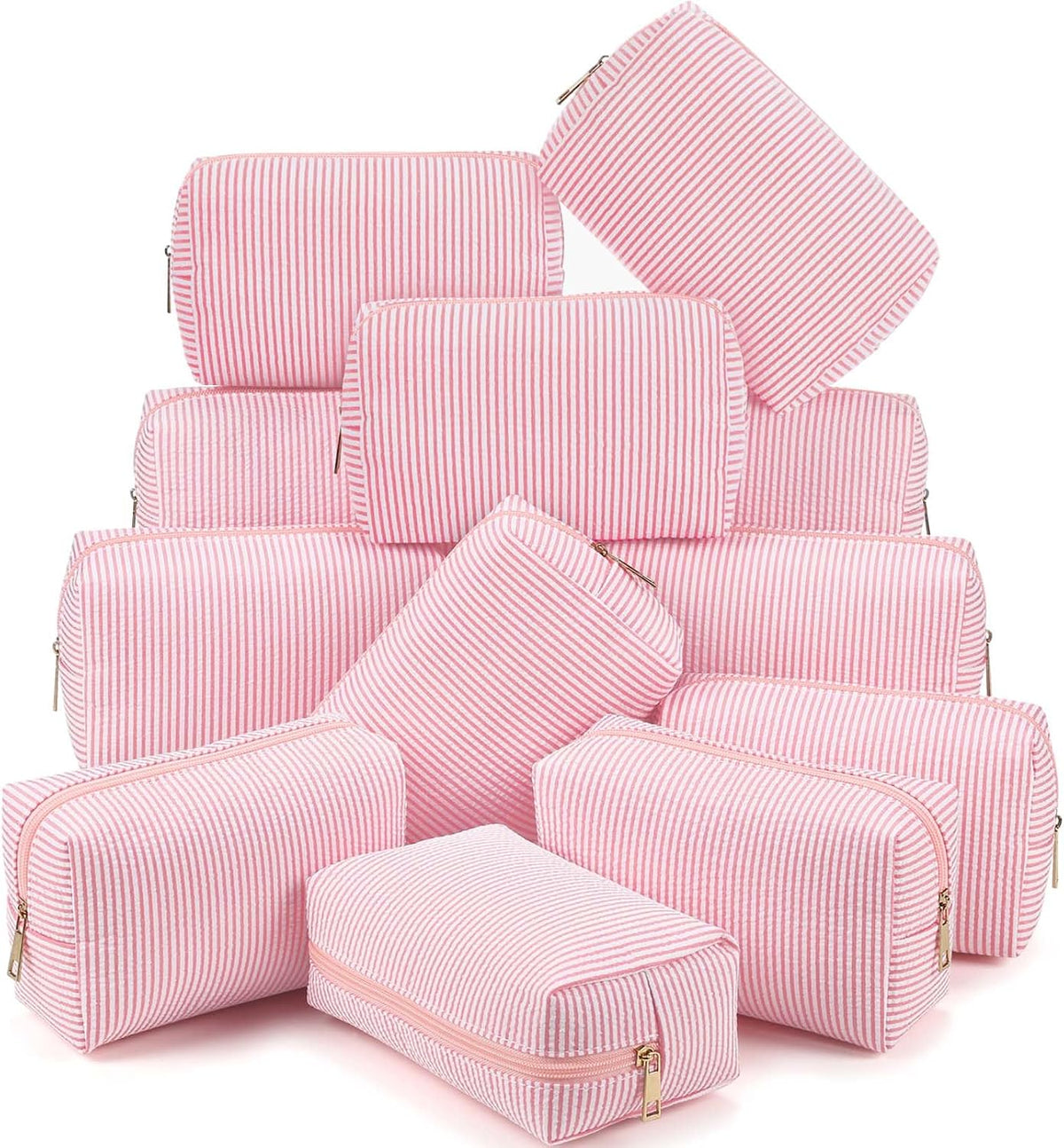 Sanwuta 6 Pcs Seersucker Cosmetic Bags Bulk, Striped Zippered,Green