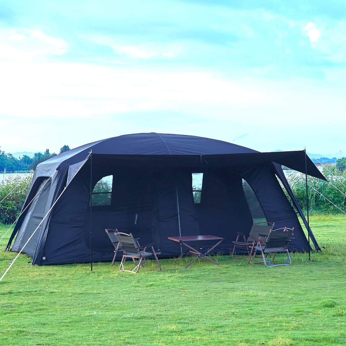 KTT Extra Large Tent 10-12-14 Person,Family Cabin Tents,2 Rooms,3 Doors and 3 Windows with Mesh,Straight Wall,Waterproof,Double Layer,Big Tent for Outdoor,Picnic,Camping,Family Gathering