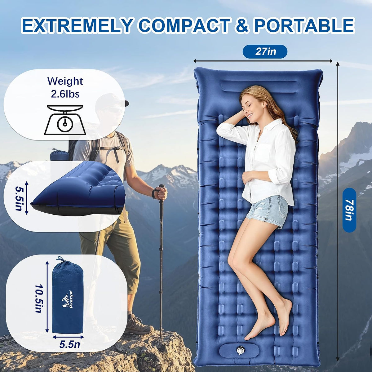 Camping Sleeping Pad 5.5" Thick with Pillow & Built-in Foot Pump