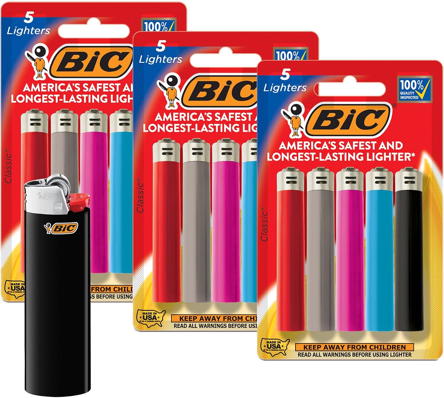 BIC Maxi Pocket Lighters, Long-Lasting, Safe, Assorted Colors, 15-Pack