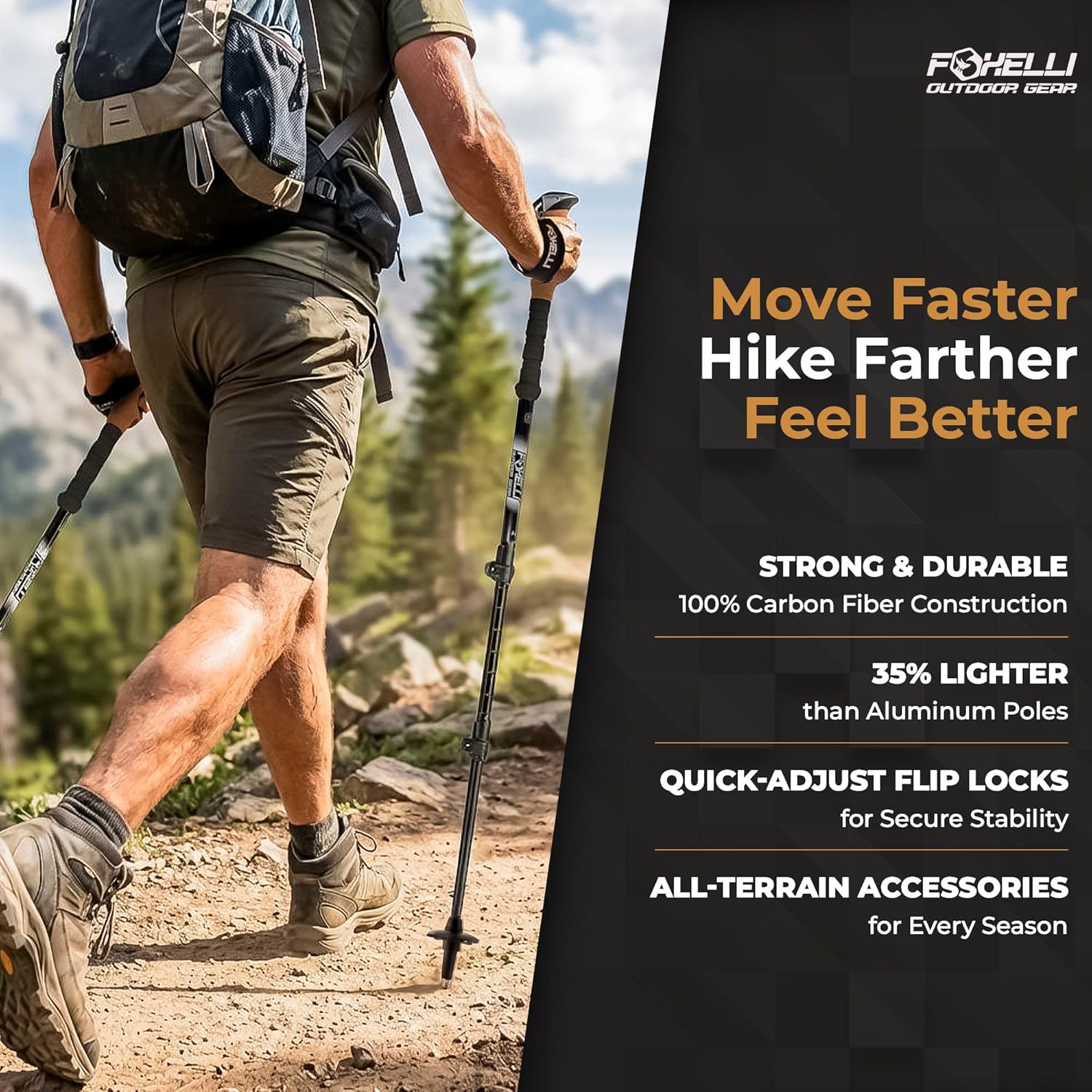 Foxelli Carbon Fiber Trekking Poles – Lightweight Collapsible Hiking Poles with Cork Grips, Quick Flip Locks & All-Terrain Accessories – Adjustable Height Hiking Sticks for Men & Women