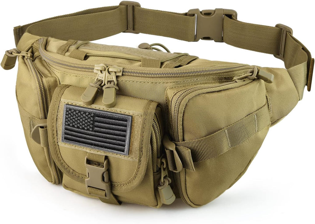 SOWHUP Tactical Fanny Pack,Military Waist Bag Pack with U.S Patch Utility Hip Belt Bumbag for Outdoor Fishing Hiking (Tan(4 Zipper Pockets))