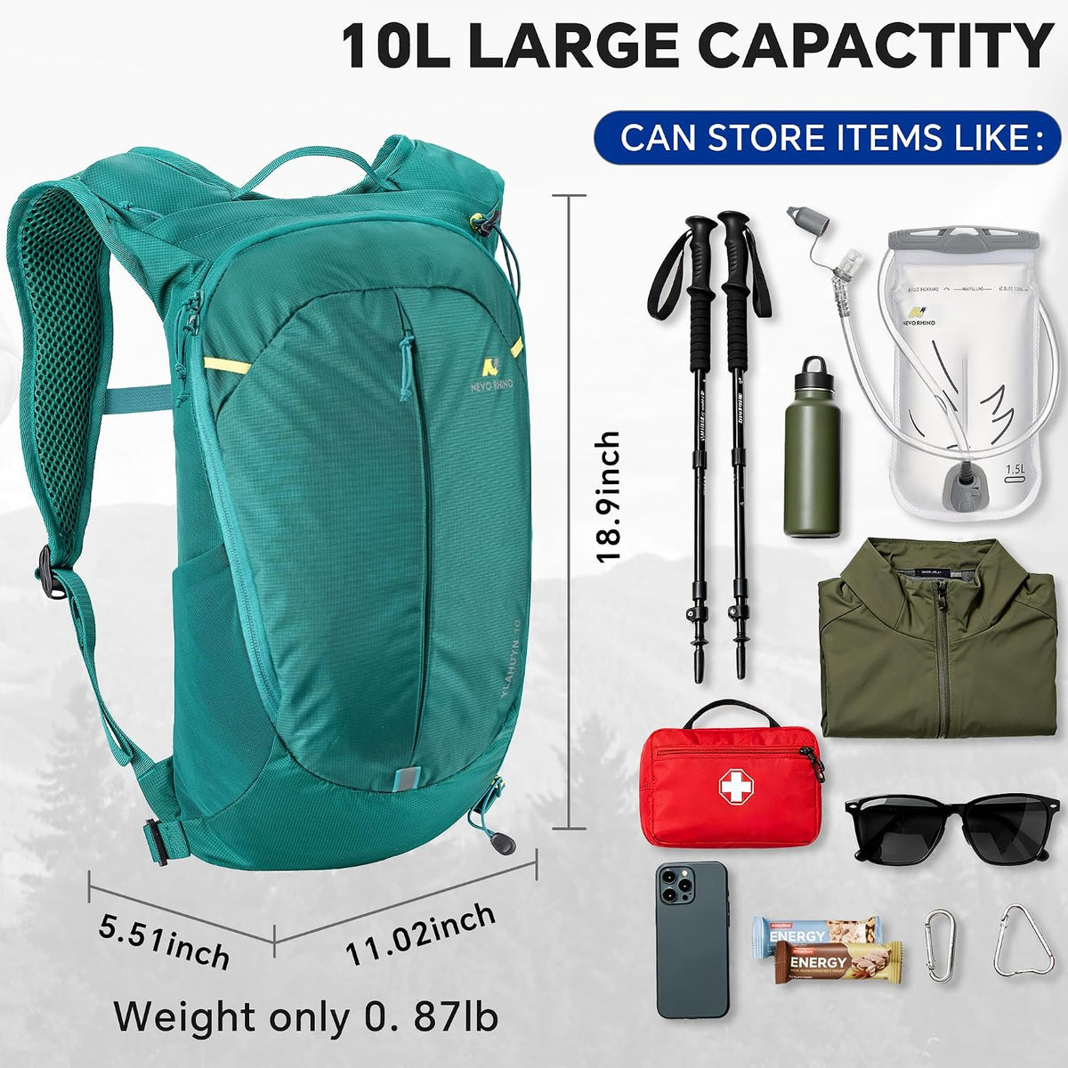 N NEVO RHINO Hiking Backpack, 10L Lightweight Daypack for Men Women