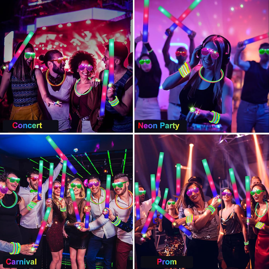 OLUPP 150 PCS Glow in the Dark Party Supplies, 16 Foam Sticks, 16 LED Glasses, 100 Glow Sticks and 18 Finger Lights for Neon Party, 4th of July, Wedding, Birthday, Concert, New Year, Carnivals, Raves