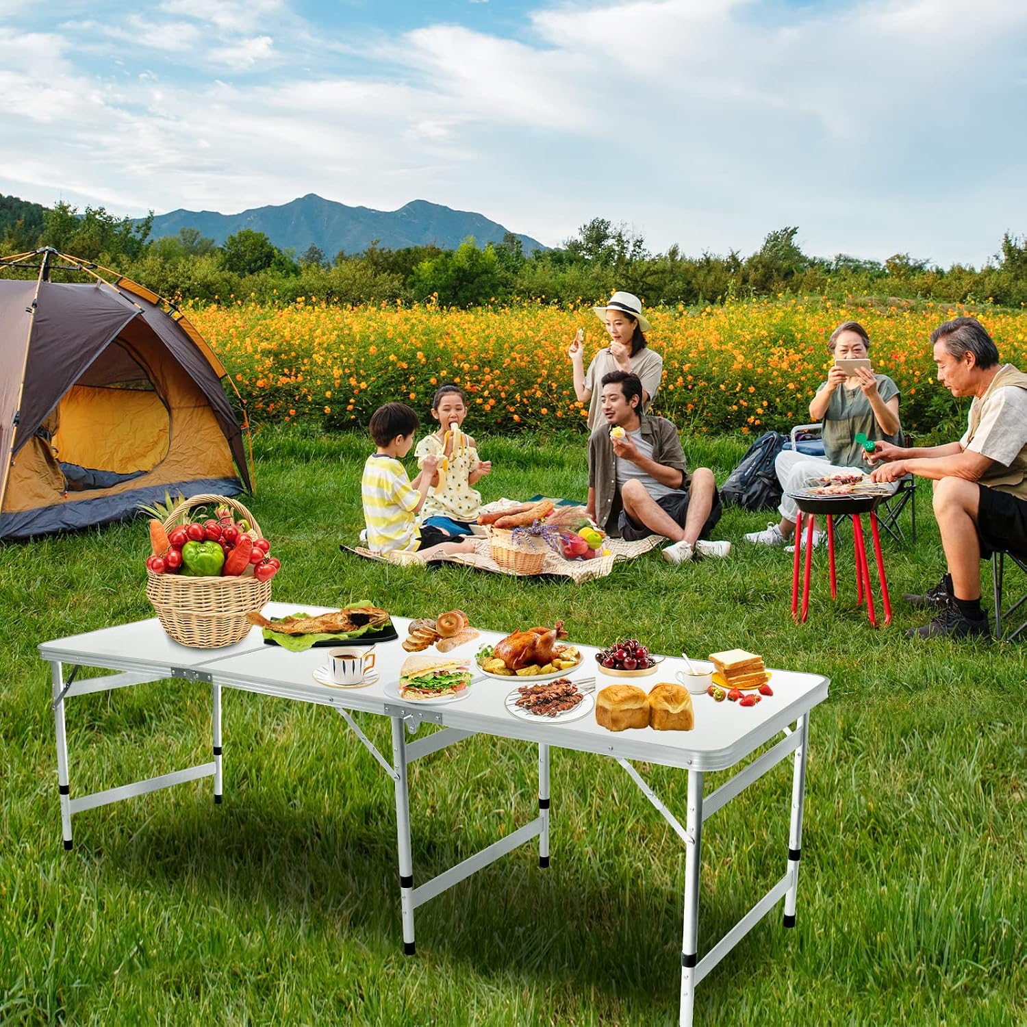 Moosinily Camping Table 6FT Folding Table Large 3 Adjustable Height Portable Picnic Table Camp Aluminum Outdoor Picnic BBQ White