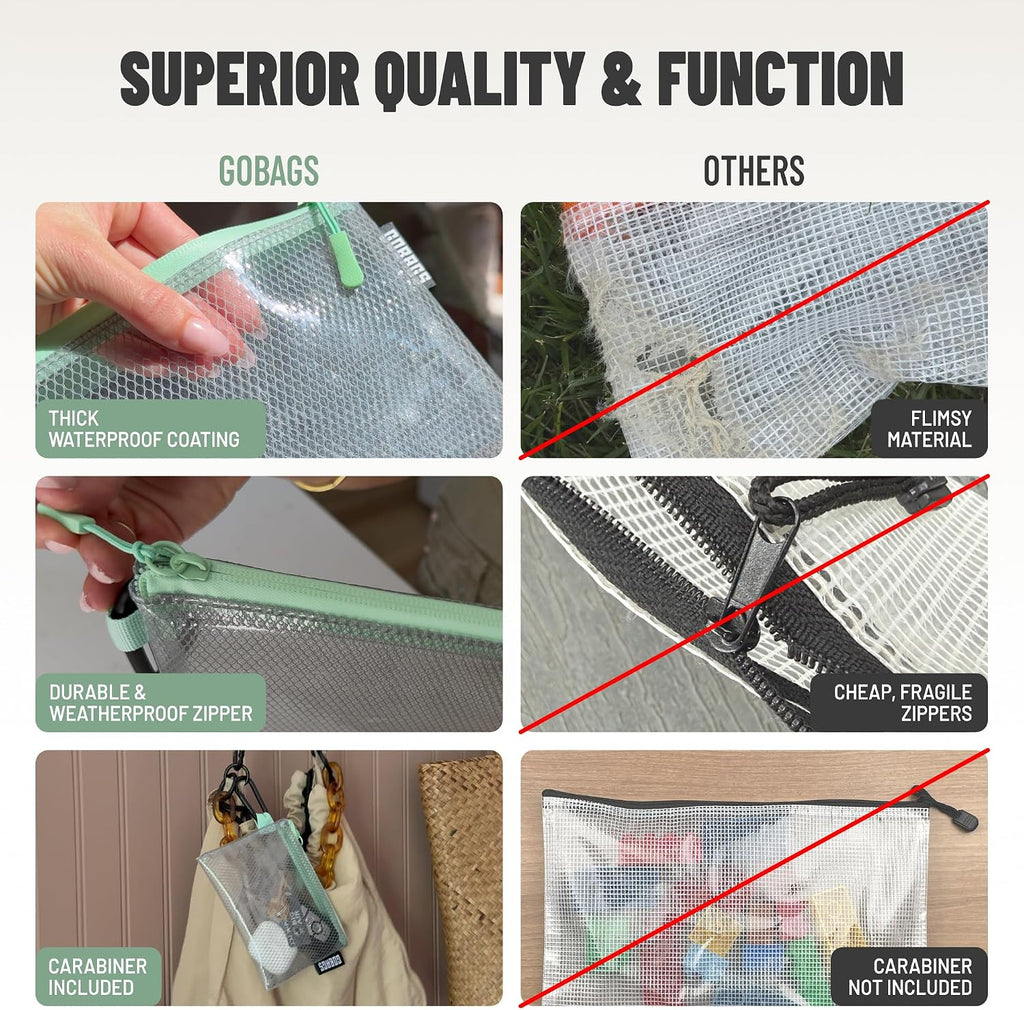 GOBAGS Air Production Multi‑Size Clear Zipper Pouch (4‑Pack) – Cable Organizer & Travel Gear Bag for Electronics, Camera Accessories, Tool Pouch & Small Tech Storage (Mint Green)