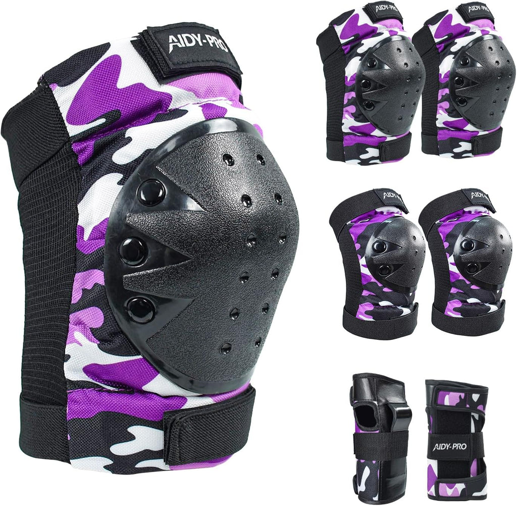 AIDY-PRO Adult/Youth/Kids Knee Pads and Elbow Pads Set Skateboard Protective Gear, 6 in 1 Knee Guards Kids Wrist Guards for Roller Skating Skateboarding Biking