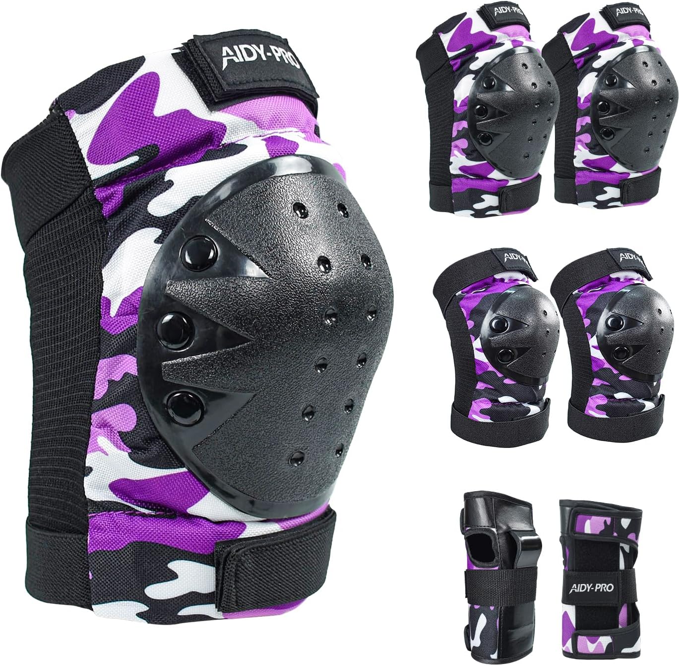 AIDY-PRO Adult/Youth/Kids Knee Pads and Elbow Pads Set Skateboard Protective Gear, 6 in 1 Knee Guards Kids Wrist Guards for Roller Skating Skateboarding Biking