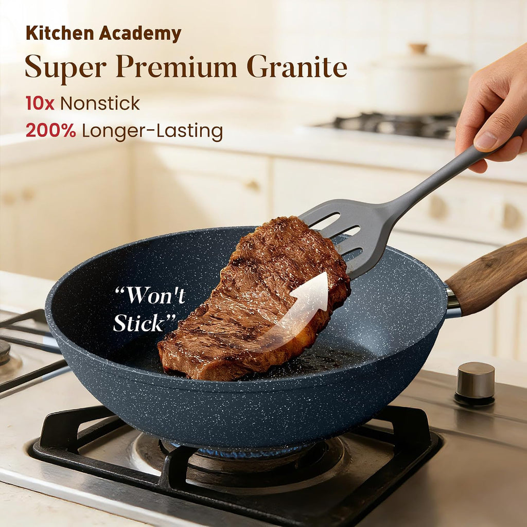 Kitchen Academy Blue Pots and Pans Set Non Stick, 12Pcs Induction Cookware