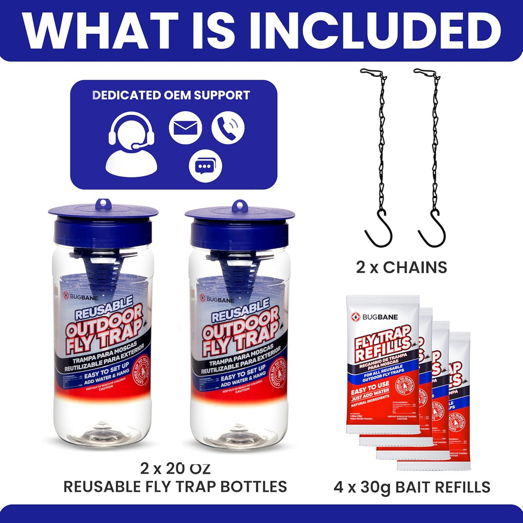 2 Fly Traps Outdoor Fly Trap for Patio with 4 Non-Toxic Dissolvable Bait Refills. Reusable Hanging Bug Catcher Killer for All Filth Flies for Outside Bug Control Yard Ranch. Hanging Chains Included.