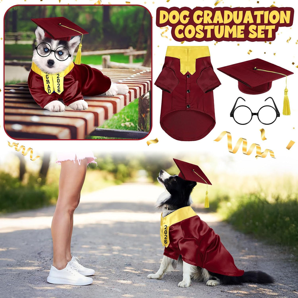 Huhumy 5 Pcs Dog Graduation Costume Set Include 2026 Pet Graduation Gown with Stole Puppy Grad Cap Lensless Glasses DIY Letter Stickers for Dogs Cats Holiday Costume Accessory(Maroon Yellow,S)