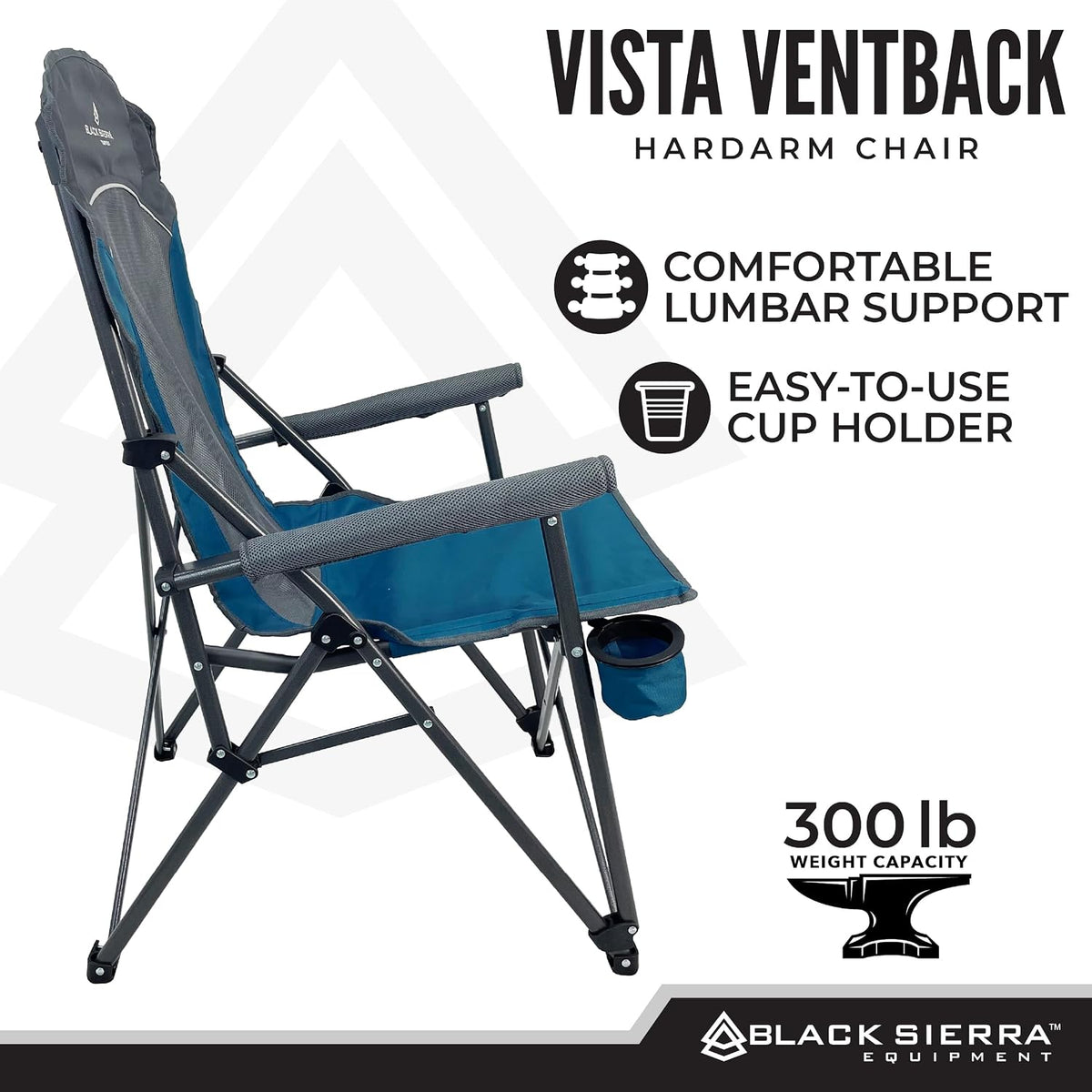 Black Sierra Ventilated Camping Chair, Breathable Mesh Back Folding Seat with Padded Armrests, Lightweight, Portable with Cup Holder & Carry Bag for Outdoors, Beach, Sports, Lawn, Picnic