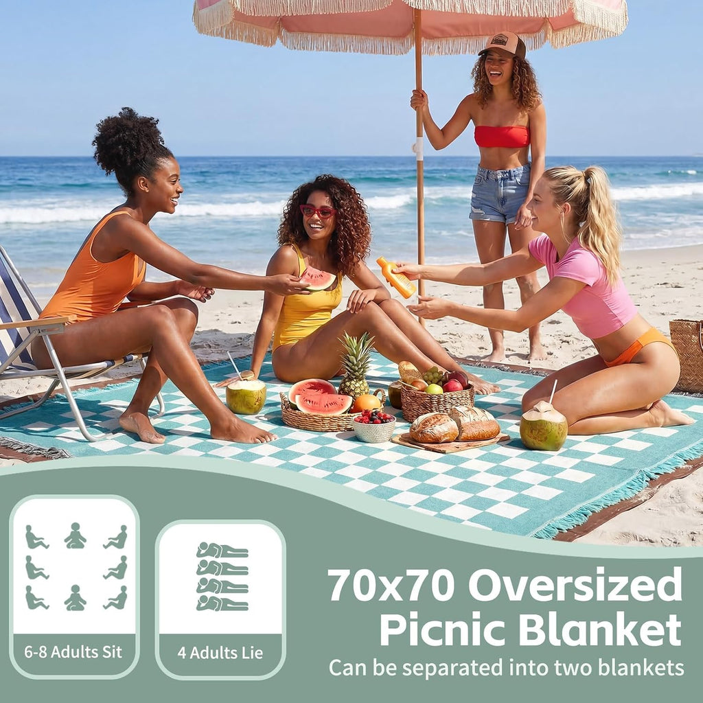 RYCHIC 2 in 1 Extra Large Boho Beach Blanket Towel Picnic Rug Camp Mat Family Trip Essentials Summer Vacation Must Have Travel Accessories Lake Day Necessities Thing Need Gear Gift Item Gadget 2026
