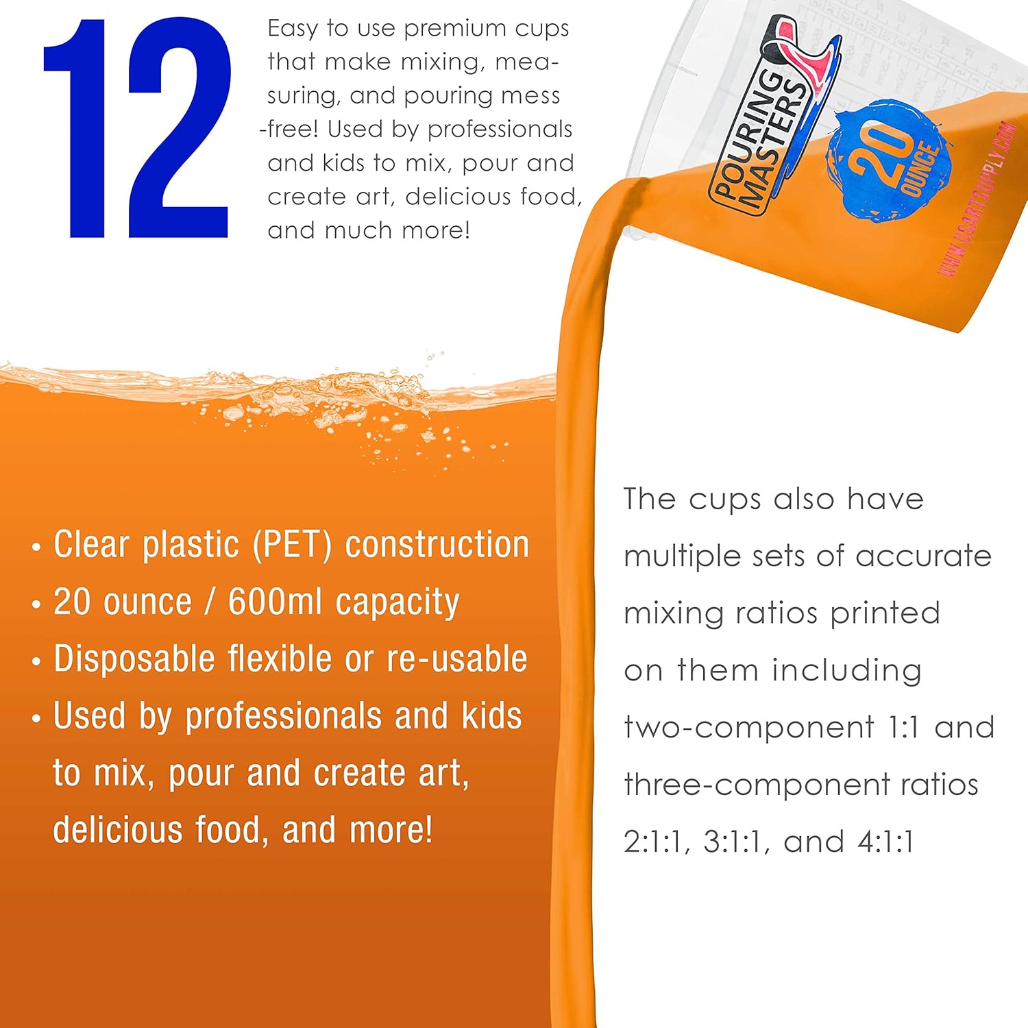 Pouring Masters 20 Ounce (600ml) Graduated Plastic Mixing Cups (Box of 12)