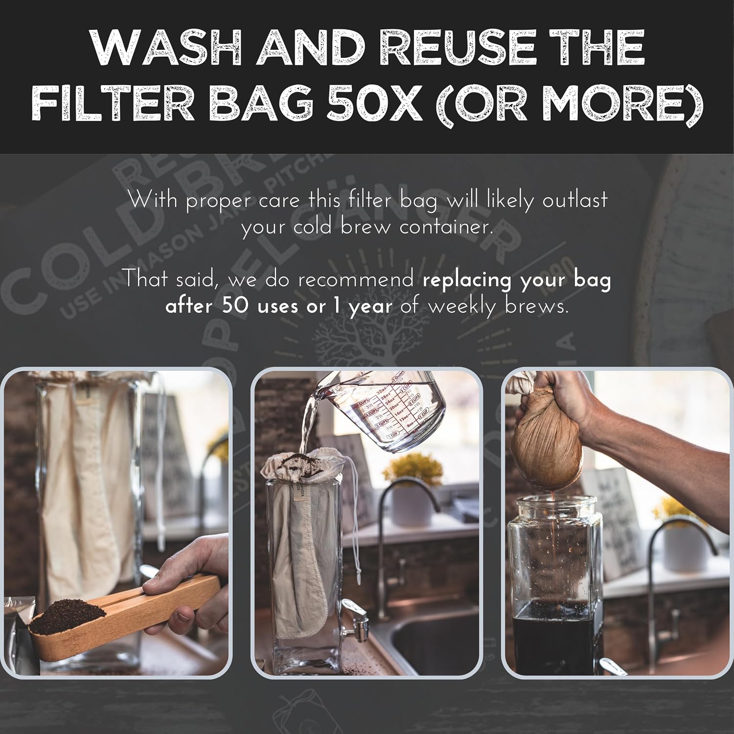 Reusable Cold Brew Coffee Bag 2-Pack Medium 8x12in Organic Cotton