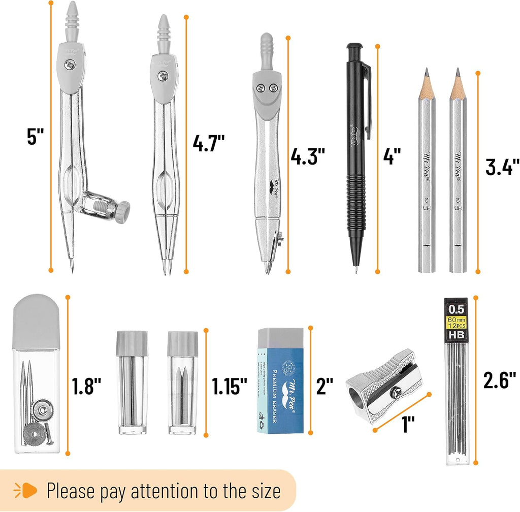 Mr. Pen- Geometry Set, 15 pcs, Light Grey, 6 Inch Swing Arm Protractor