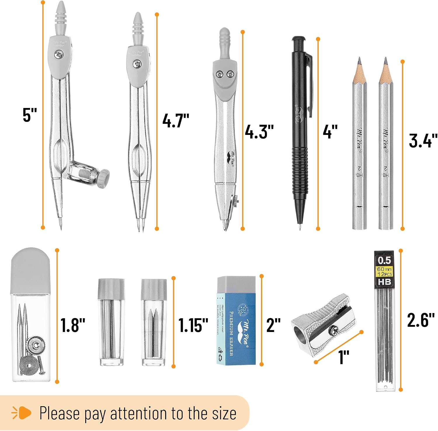 Mr. Pen- Geometry Set, 15 pcs, Light Grey, 6 Inch Swing Arm Protractor