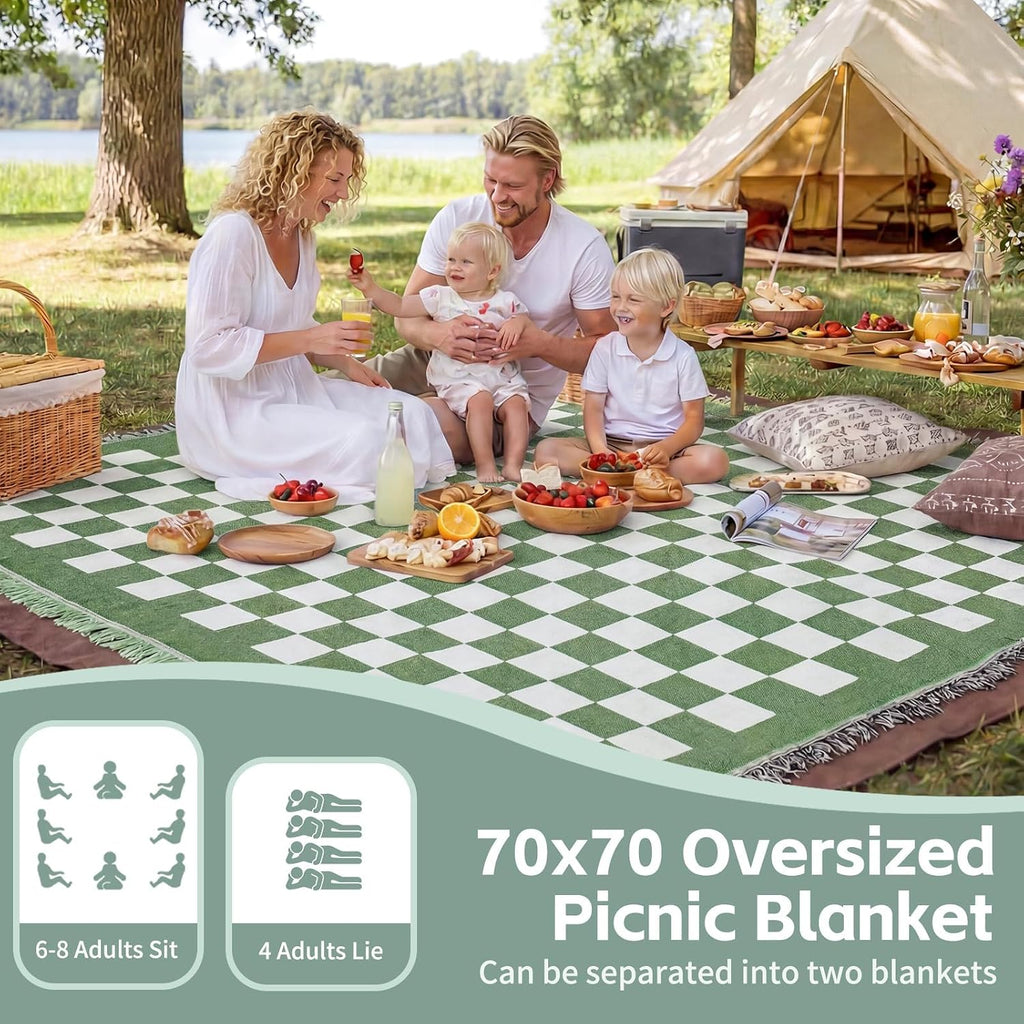 RYCHIC 2 in 1 Extra Large Outdoor Rug Picnic Mat Woven Summer Throw Blanket Boho Giant Beach Travel Essential Yoga Accessories Park Patio Lawn Garden Grass Ground Play Music Festival Concert Must Have