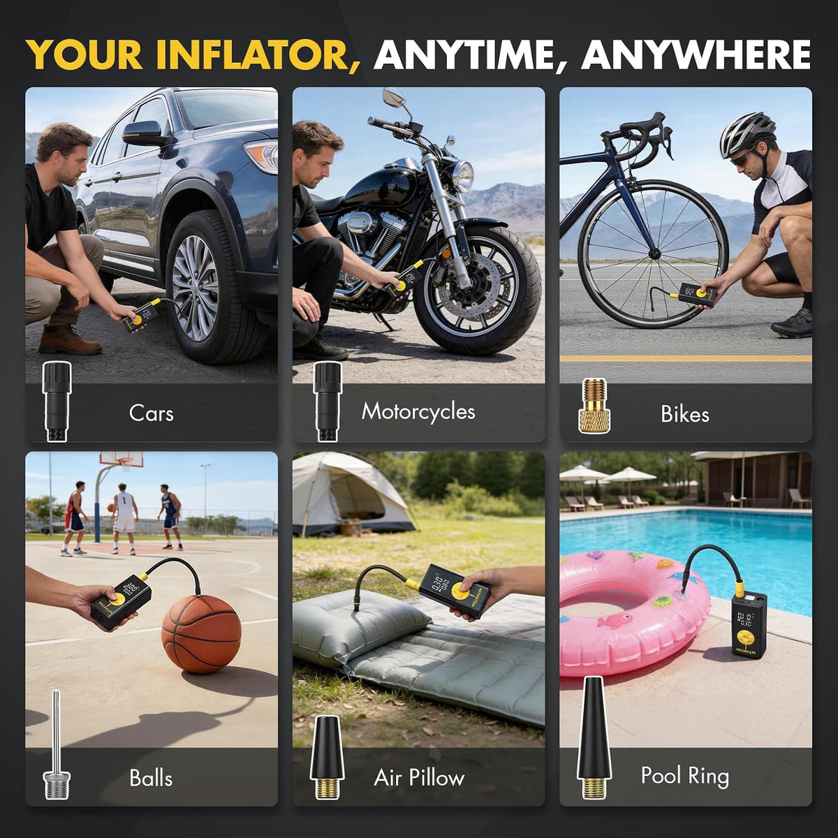Tire Inflator Portable Air Compressor,Long Battery Life Bike air Pump with Digital Pressure Gauge & LED Light,150PSI Cordless Air Pump for Bike Tires,Fast Inflation for Car,Motorcycle,Bicycle,Ball