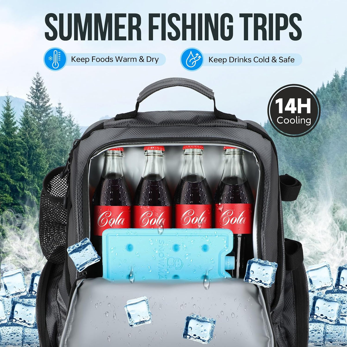 PLUSINNO Cooler Fishing Backpack with Rod Holders 45L Large Water-resistant Fishing Tackle bag Store Fishing Gear Fishing Gifts for Men Father