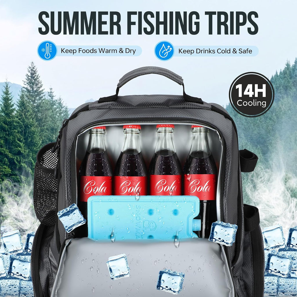 PLUSINNO Cooler Fishing Backpack with Rod Holders 45L Large Water-resistant Fishing Tackle bag Store Fishing Gear Fishing Gifts for Men Father