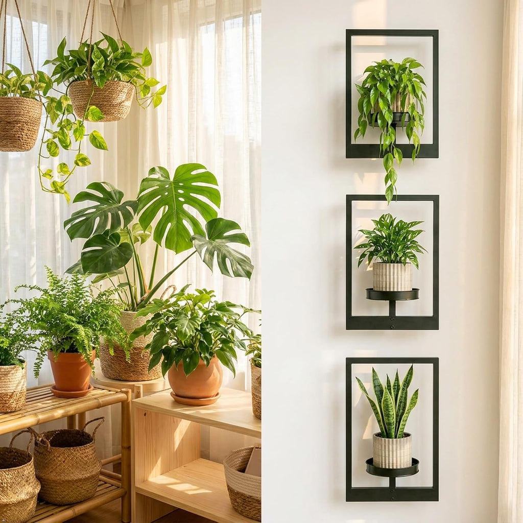 Picture Frame Wall Planters Set of 3, Modern Metal Hanging Shelves for Plants, Rustproof Wall Mount Flower Pot Holder for Indoor Outdoor, Decorative Plant Stand for Living Room Patio, Black