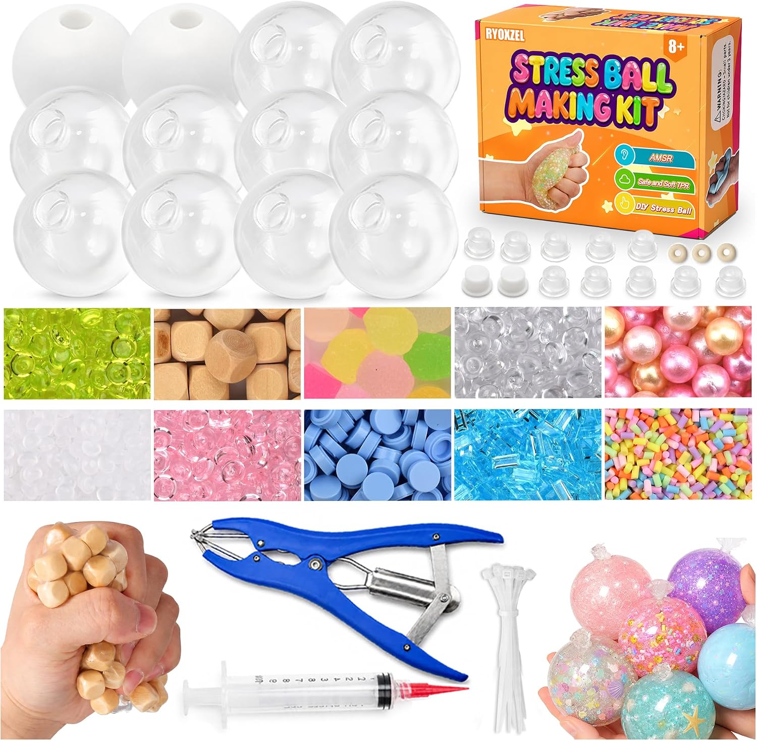 RYOXZEL DIY Stress Ball Making Kit, 12pcs Squishy TPR Ball Skins with 1lb Fillers, Make Your Own Squishies Set, Air Pump & Expander Tool Ties, Fidget Sensory Craft Kit for Stress Relief