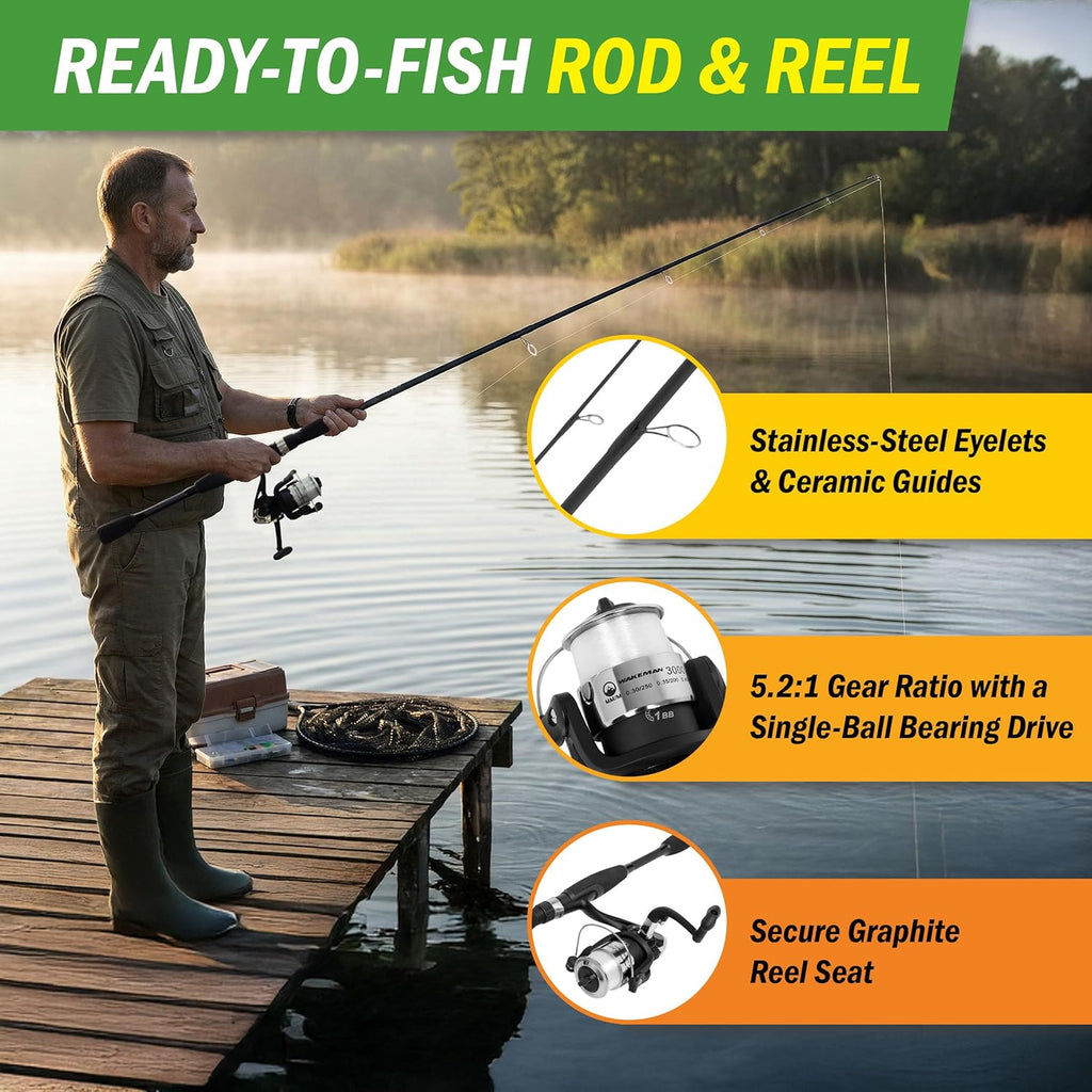 Fiberglass Fishing Pole - Strike Series 78-Inch Collapsible Rod and Spinning Reel Combo, EVA Handle, Pre-Spooled Reel, Fishing Gear for Catching Walleye, Bass, Trout, and More by Wakeman