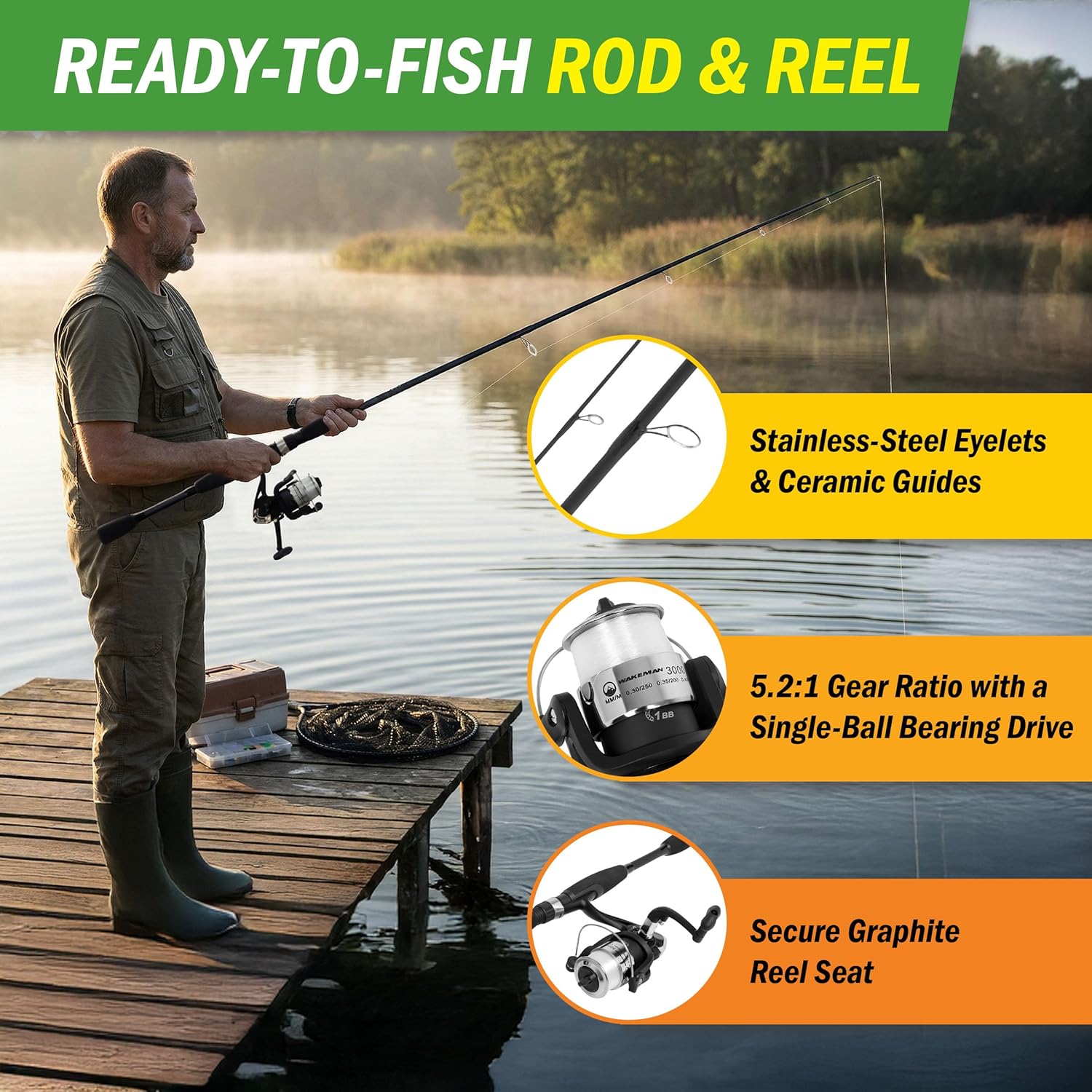 Fiberglass Fishing Pole - Strike Series 78-Inch Collapsible Rod and Spinning Reel Combo, EVA Handle, Pre-Spooled Reel, Fishing Gear for Catching Walleye, Bass, Trout, and More by Wakeman