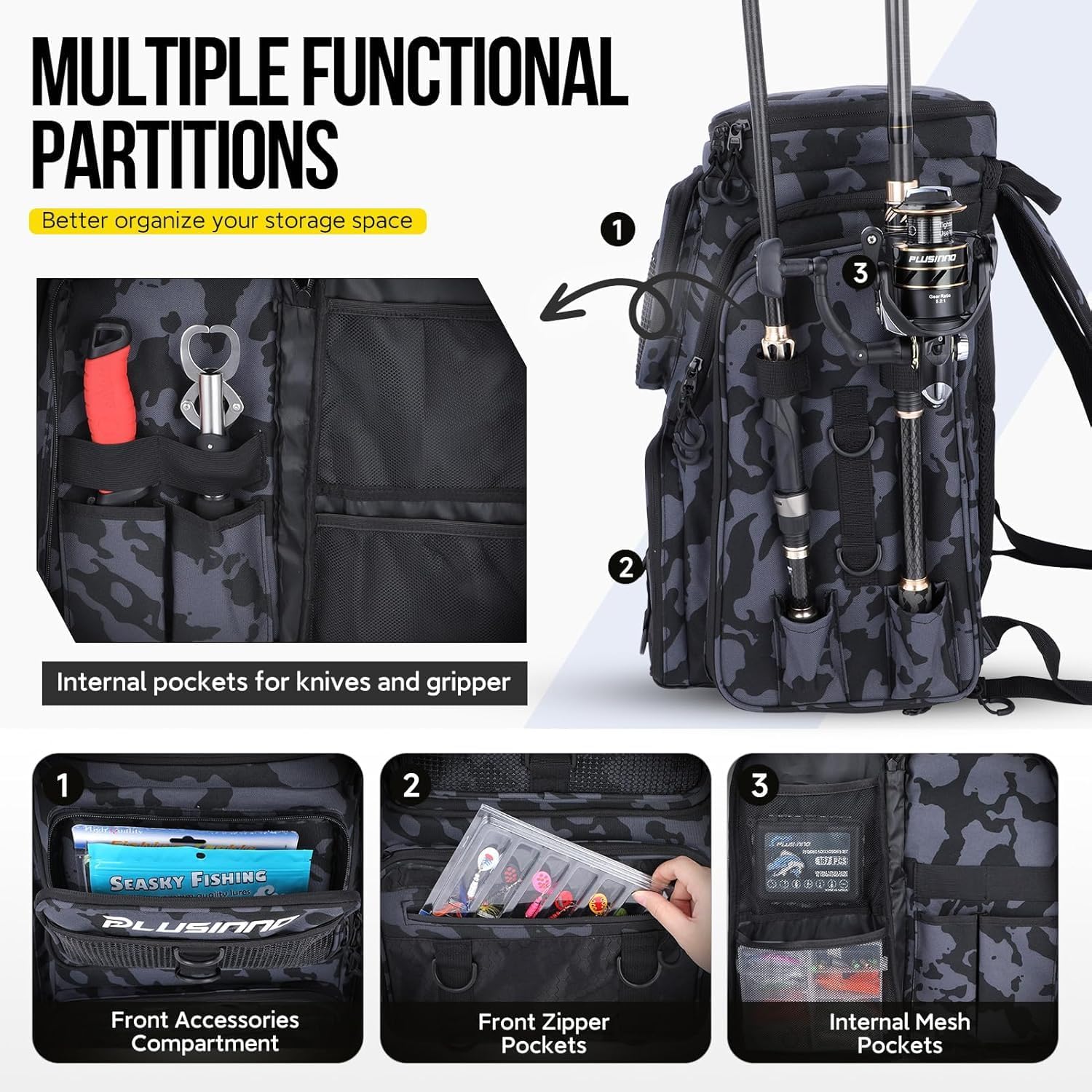 PLUSINNO Fishing Backpack with Fishing Gear Fish Net & Rod Holders Tackle Box, 42L Large Water-resistant Tackle Bag Store