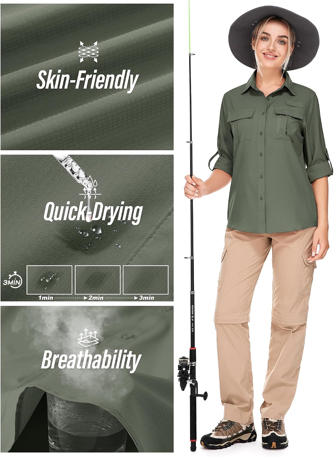 Women's UPF 50 Long Sleeve Sun Protection Safari Fish Hiking Shirts